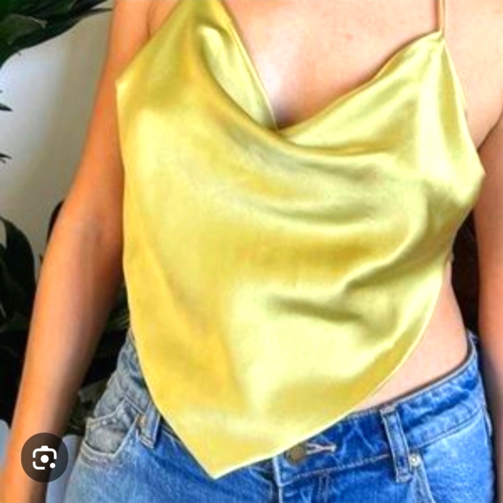 JAPNA size Medium Satin Cowl‎ Neck Tank Open Tie Back Scarf Cami Yellow